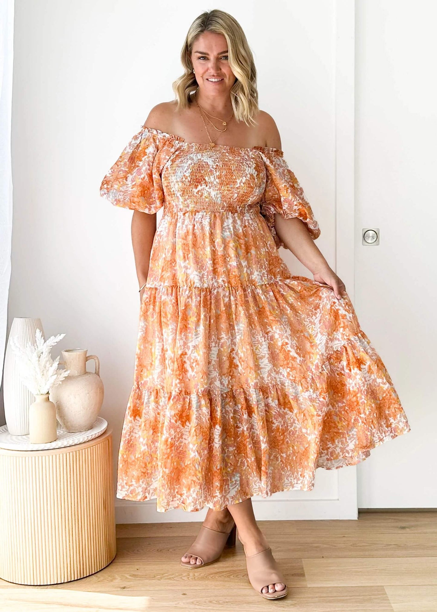 Chiara Floral Off The Shoulder Maxi Dress - Orange