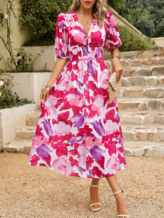 EUPHORIC MOOD FLORAL PRINTED MIDI DRESS - PINK