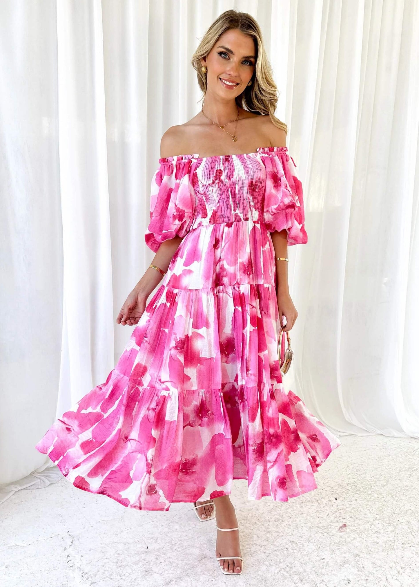 Chiara Floral Off The Shoulder Maxi Dress - Pink