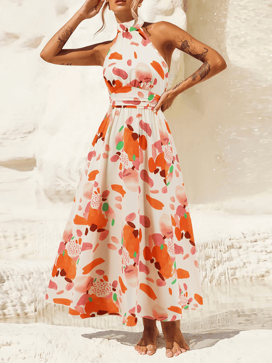 Addison Halter Neck Floral Print Maxi Dress - Red
