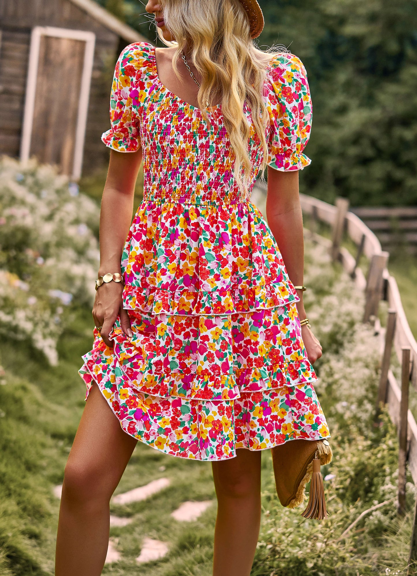 MOMENT IN DAISY SMOCKED MINI DRESS - RED