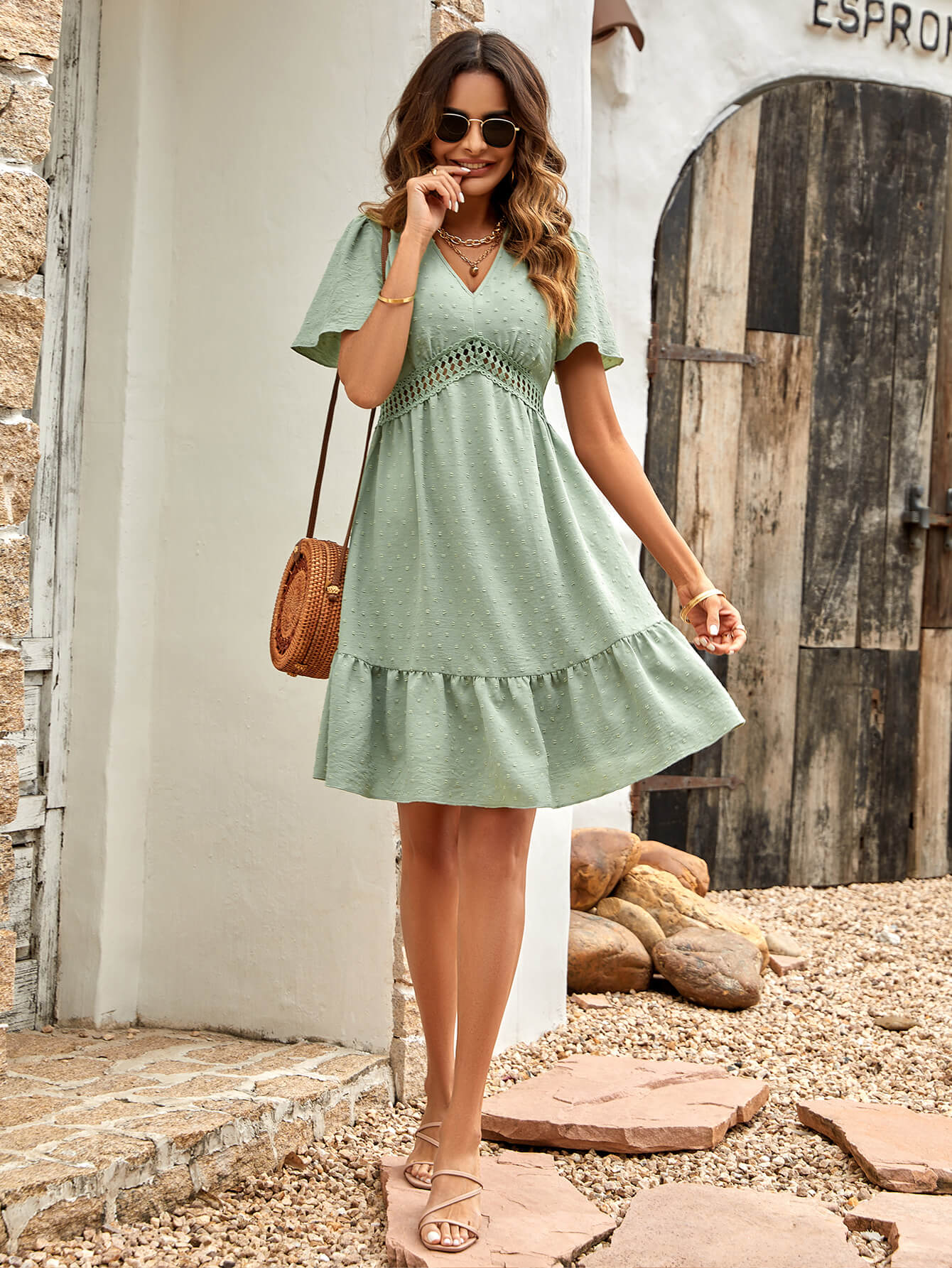 EMILIANA SHORT SLEEVE BABYDOLL MINI DRESS - SAGE