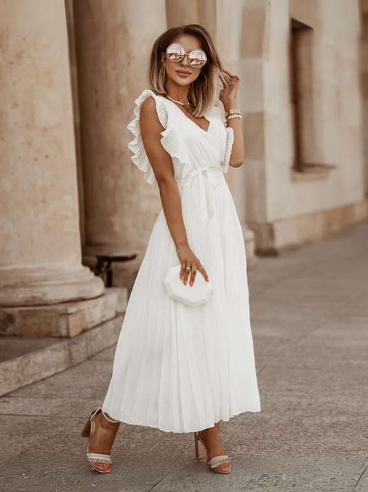 Elisha Plisse Ruffle Shoulder Midi Dress - White