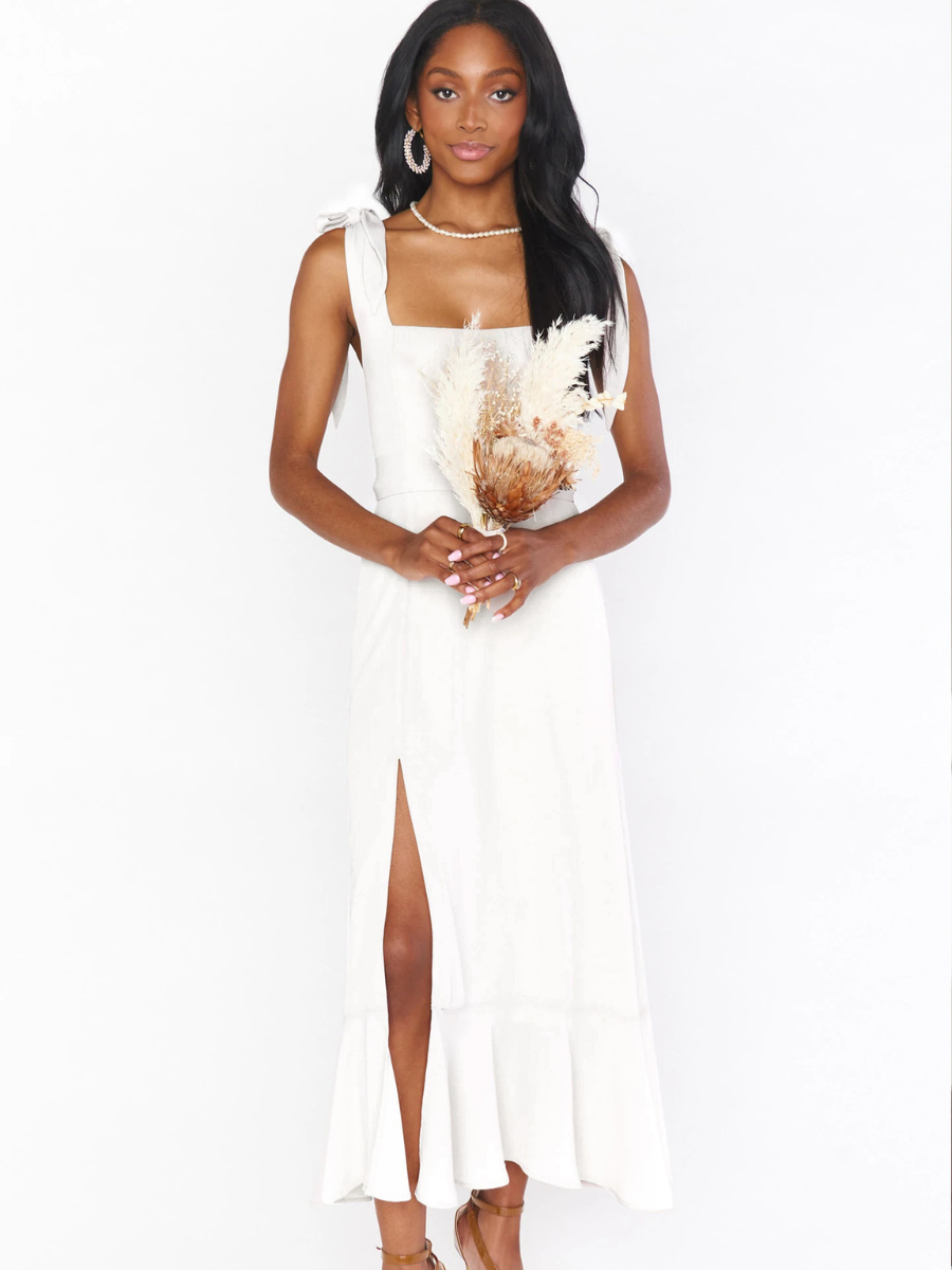 AVIANCA SHOULDER TIE BRIDAL MIDI DRESS - WHITE
