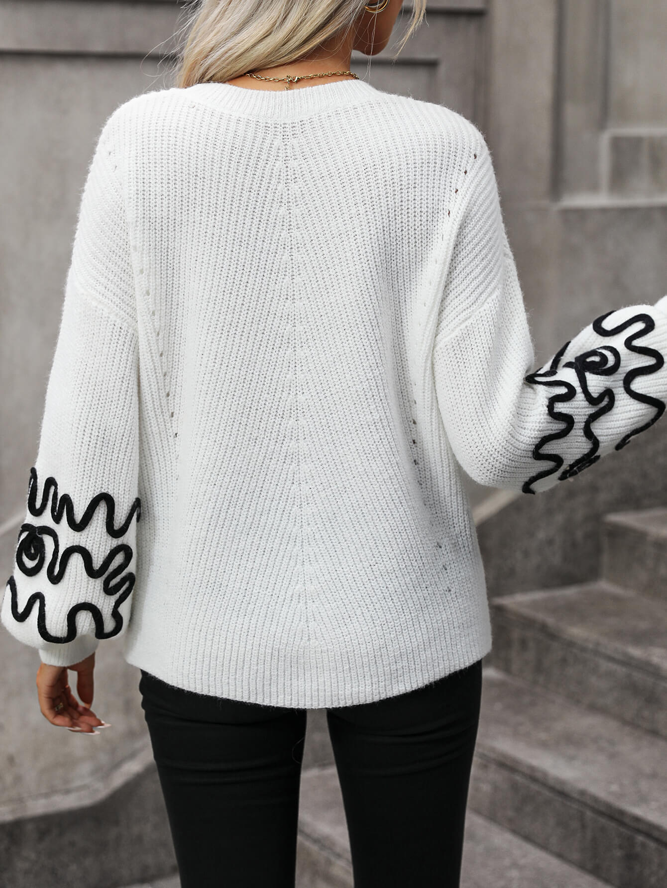 Hadi Swirl Embroidered Sleeve Knit Sweater - White