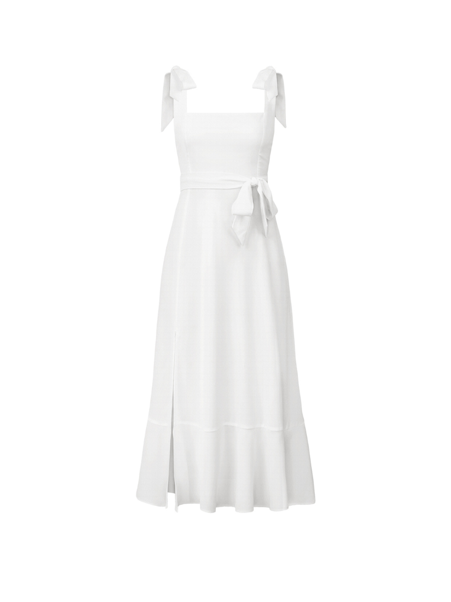 AVIANCA SHOULDER TIE BRIDAL MIDI DRESS - WHITE