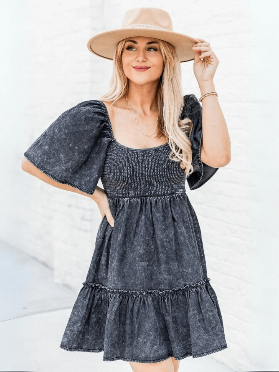 Sonesta Babydoll Denim Mini Dress - Black