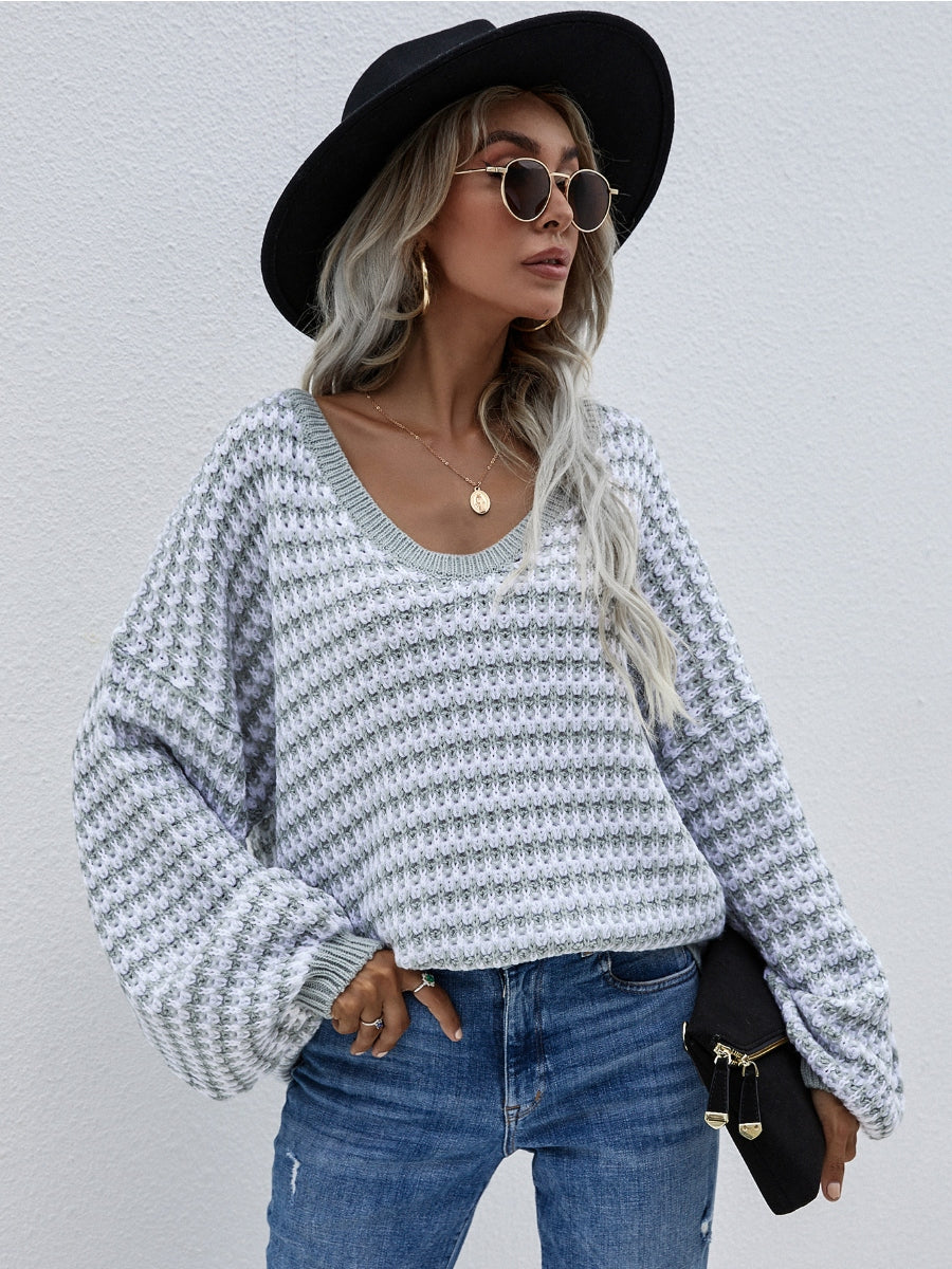 Calistally | Puff sleeve V-Neck Sweater - Smoke