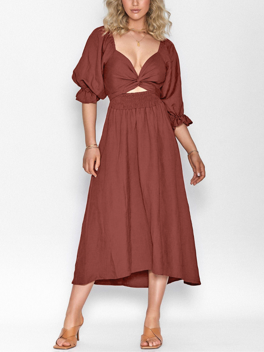 SUNSET SANDS TWO WAY WEARABLE MIDI DRESS - BRICK