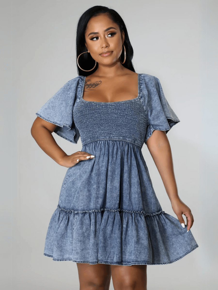 Sonesta Babydoll Denim Mini Dress - Light Wash
