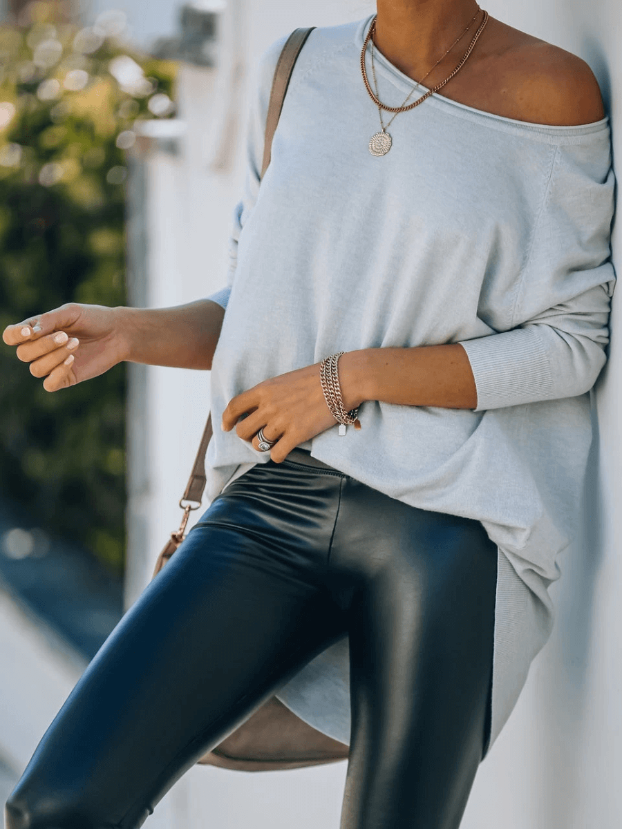OVERSIZED COLLARED DOWN KNIT SWEATER - STONE BLUE