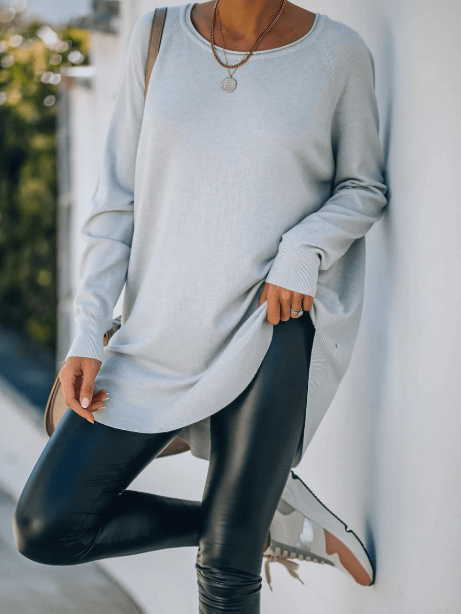 OVERSIZED COLLARED DOWN KNIT SWEATER - STONE BLUE
