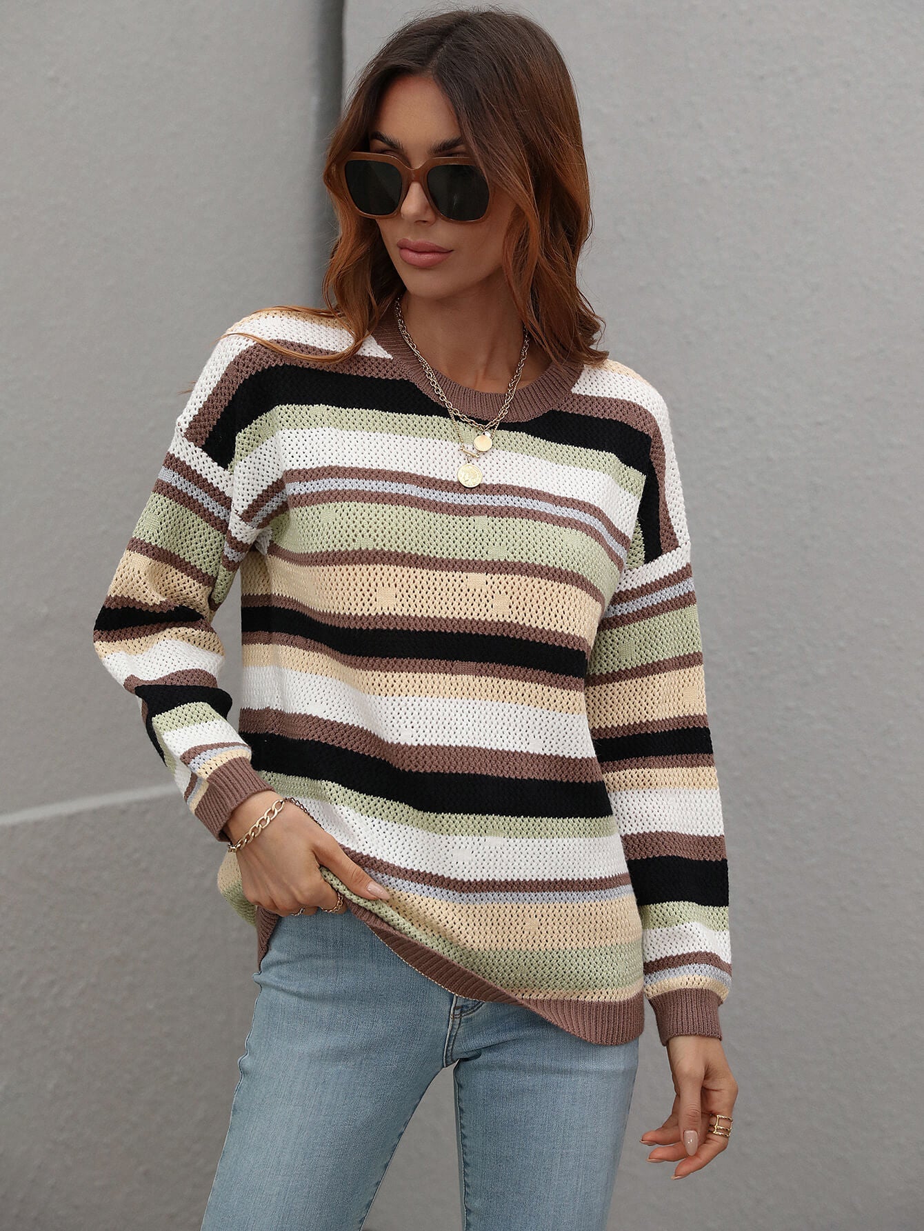 QUELLISE KNIT TOP - BROWN STRIPE PRINT