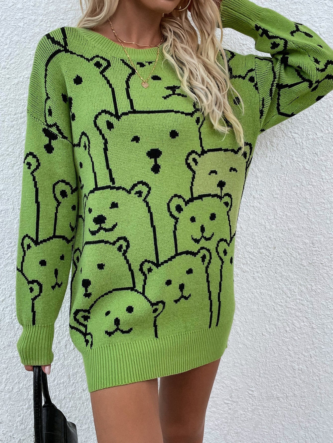 Calistally | Green Smiley Polar Bear Knit Sweater Dress
