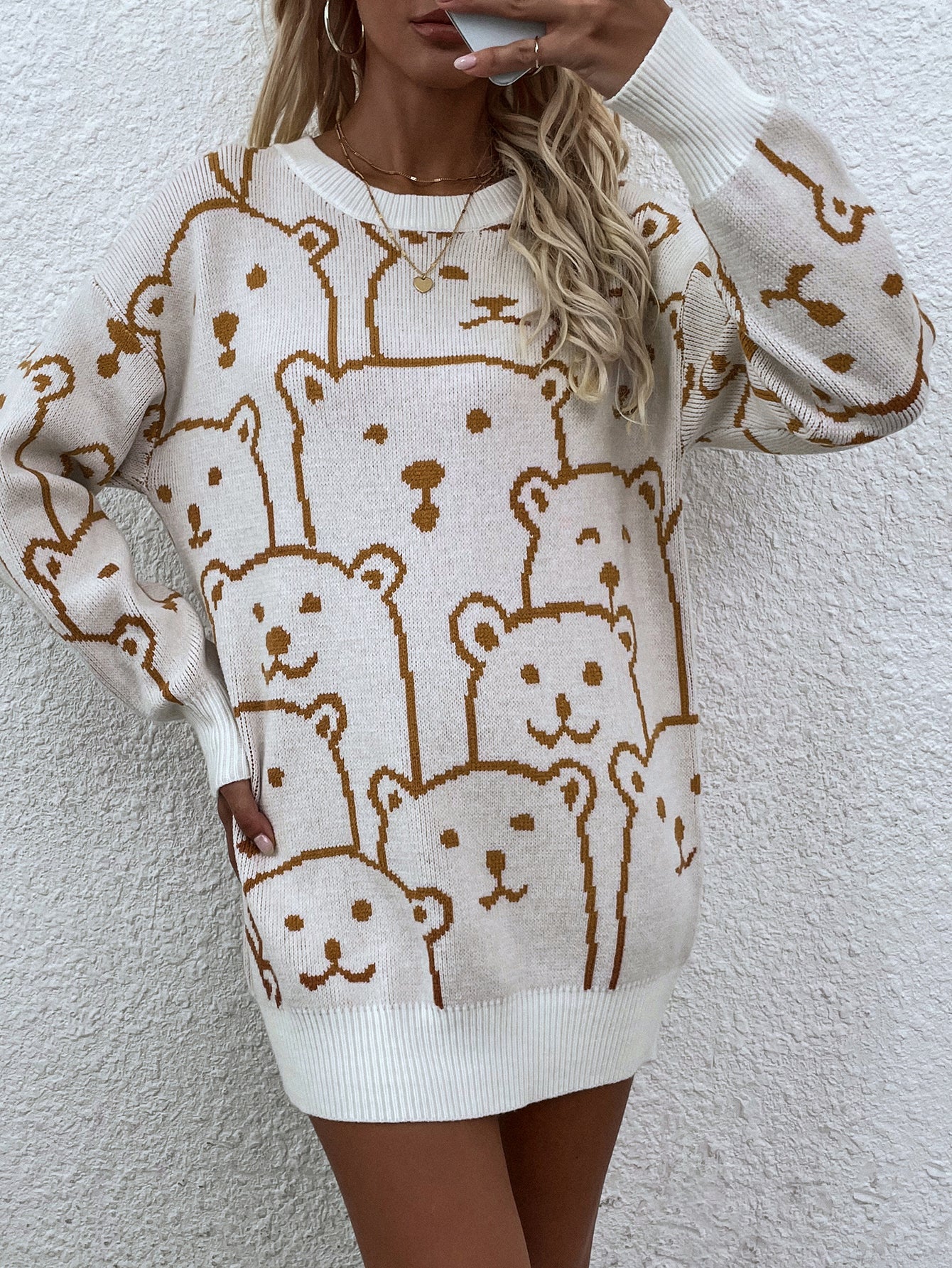 Calistally Doll | Cream Smiley Polar Bear Knit Sweater Dress