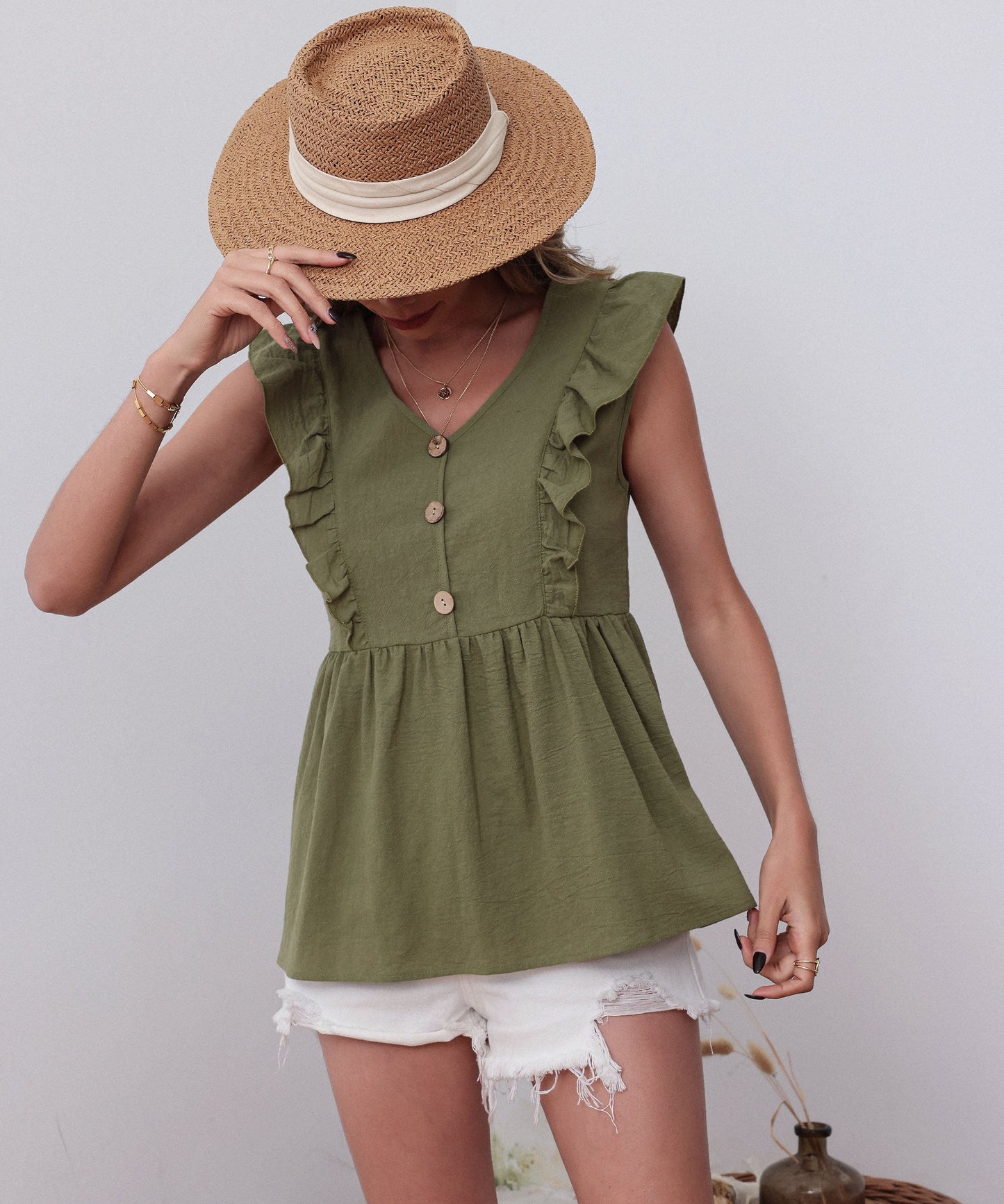 AULLY LINEN TOP - ARMY GREEN