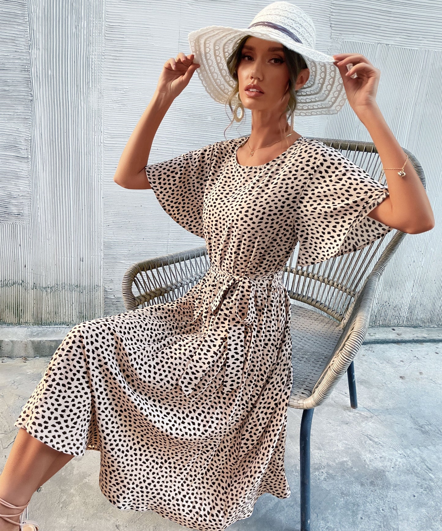 CALVINAH SPOT MIDI DRESS - BEIGE