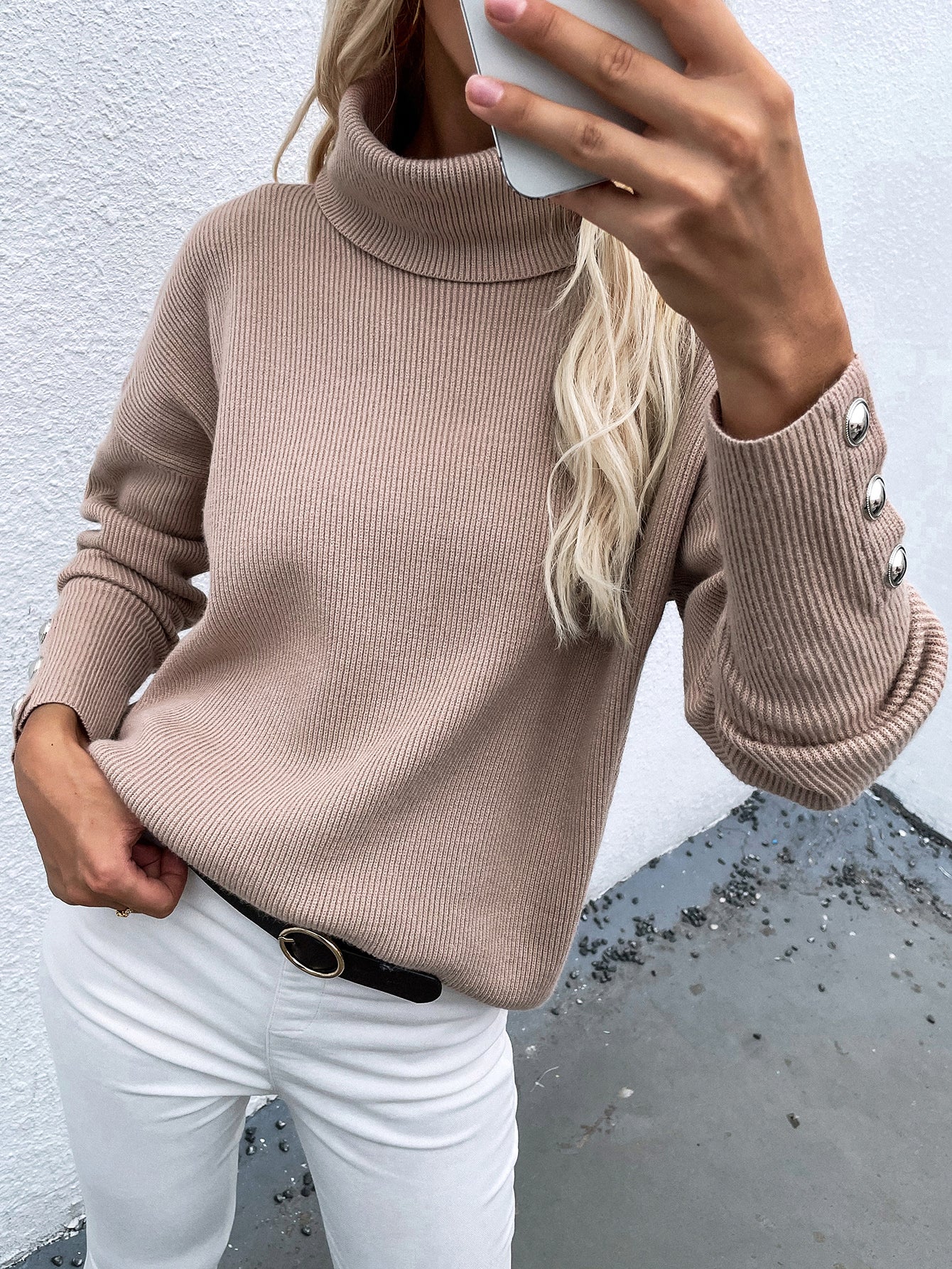 Calistally | Beige Oversized Collar Turtleneck Knit Sweater