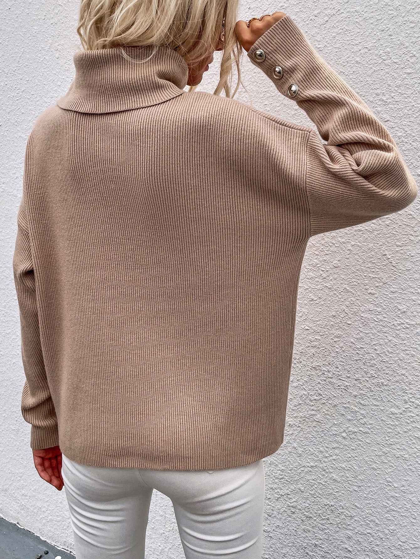 Calistally | Beige Oversized Collar Turtleneck Knit Sweater