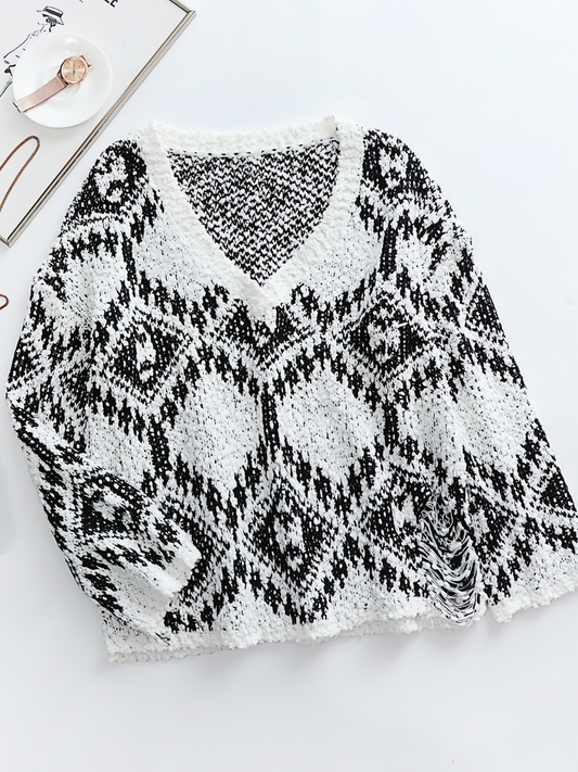Calistally | Geometric Pattern Ripped Side Hem Sweater - Black