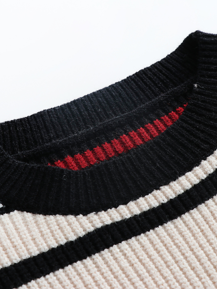 Calistally | Black White Red Stripe Crew Neck Knit Top