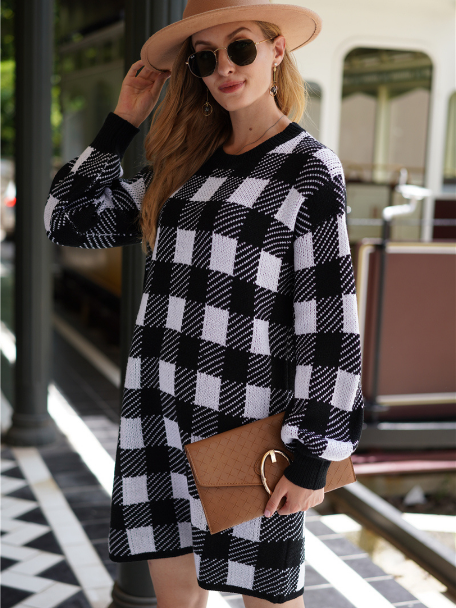 Calistally | KAITLYN Plaid Knit Dress - Black