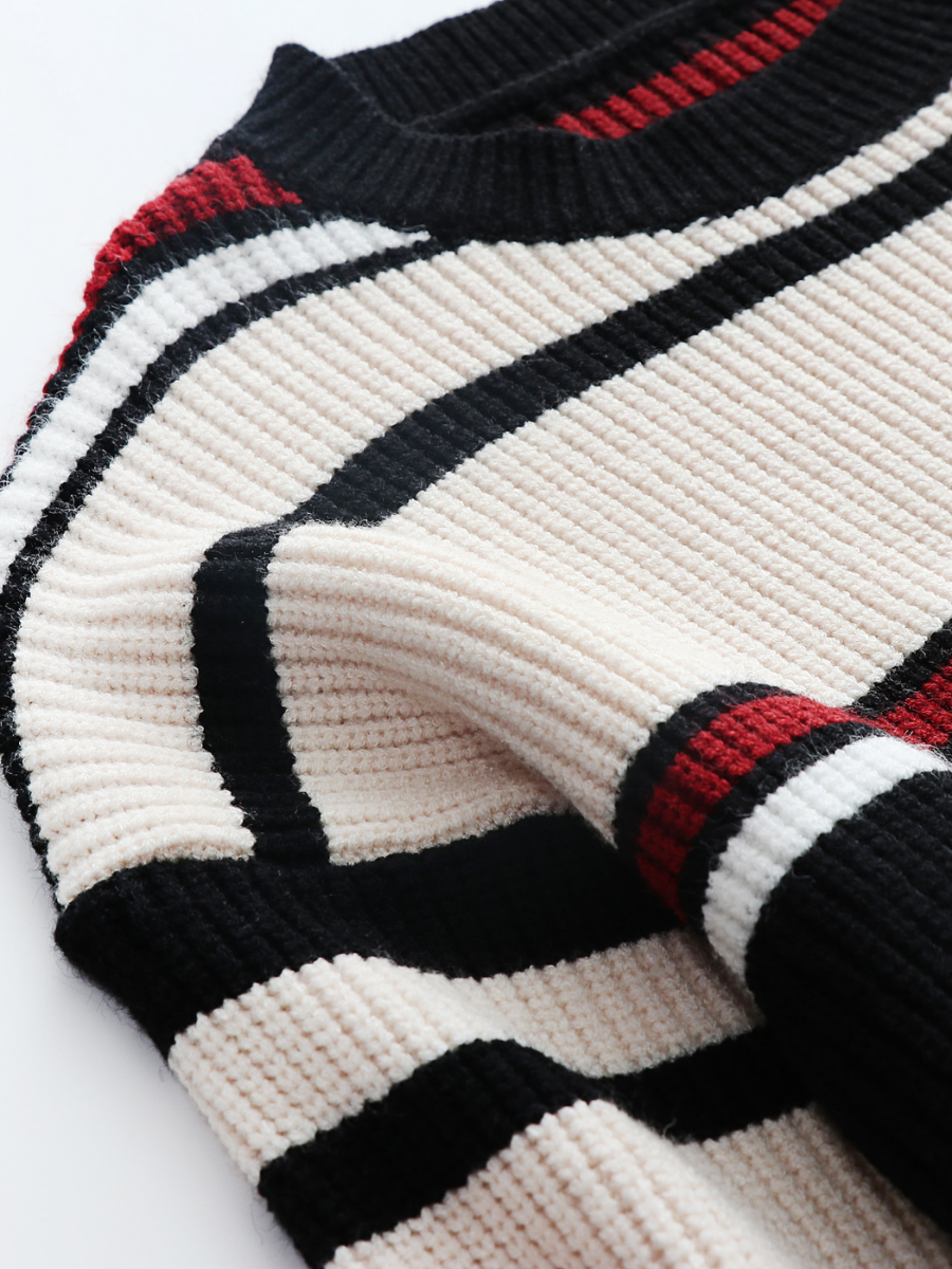 Calistally | Black White Red Stripe Crew Neck Knit Top