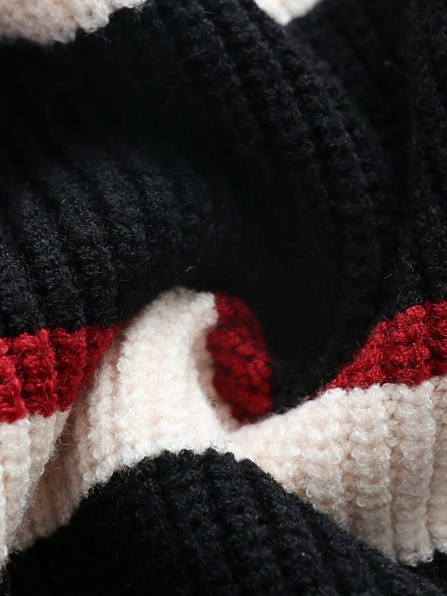 Calistally | Black White Red Stripe Crew Neck Knit Top