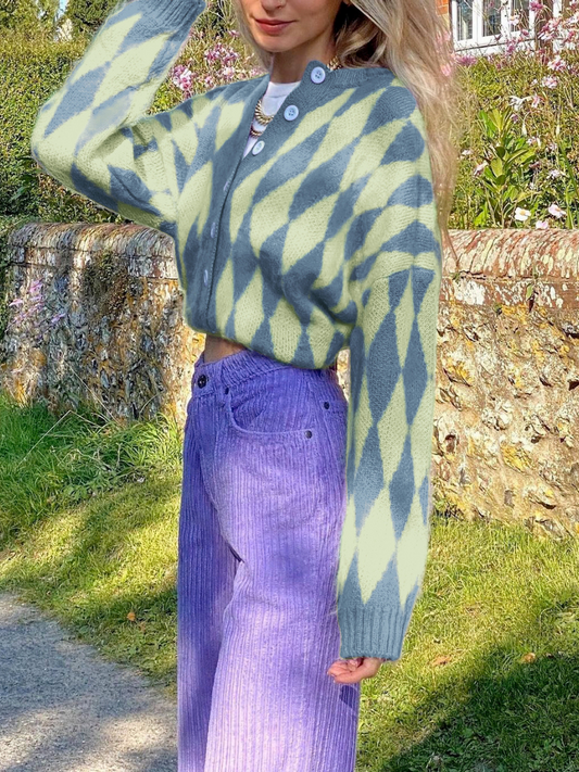 Calistally Doll | FELISE Chess Patterned Knit Cardigan - Blue