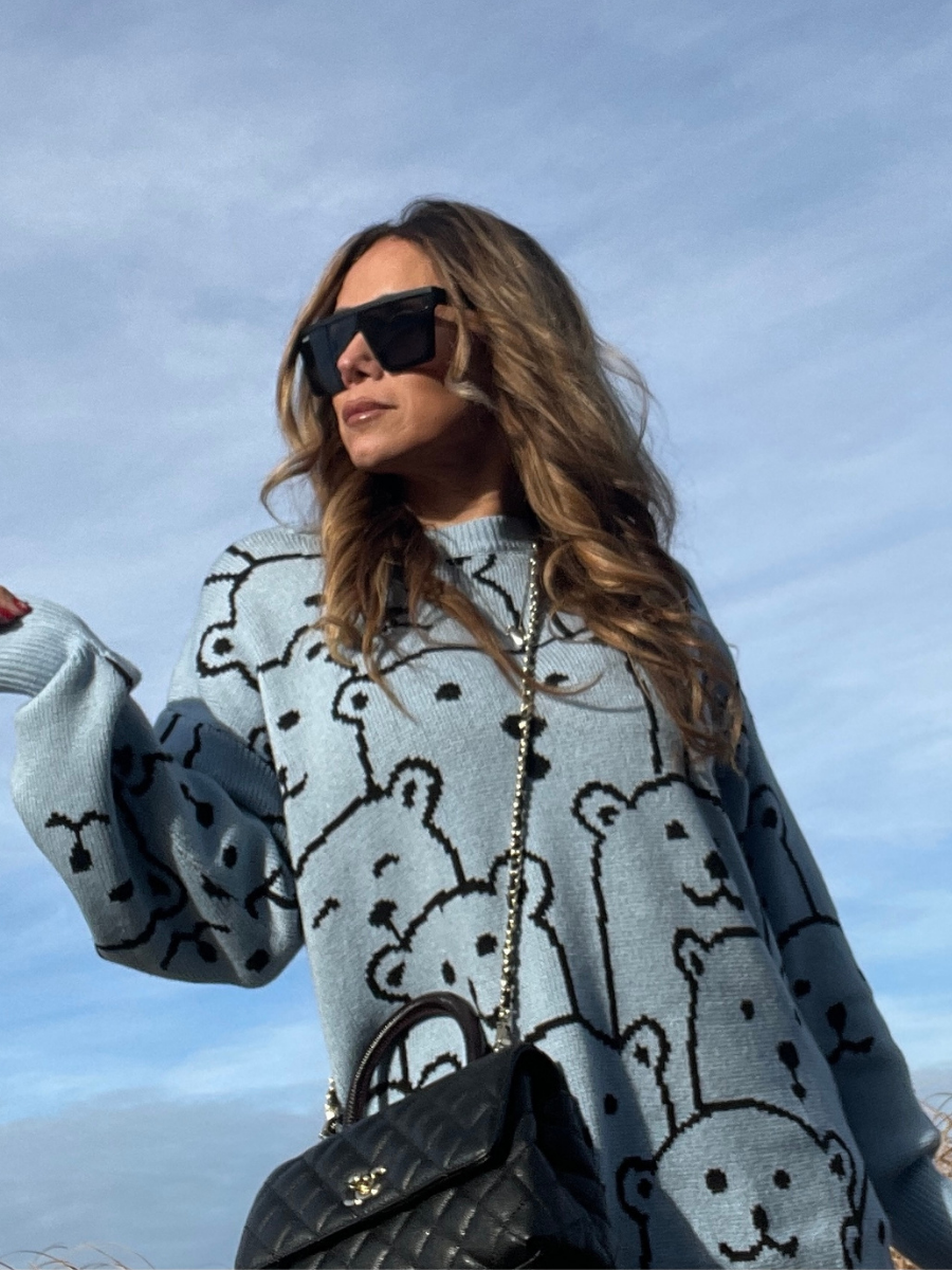 Calistally Doll | Blue Smiley Polar Bear Knit Sweater Dress