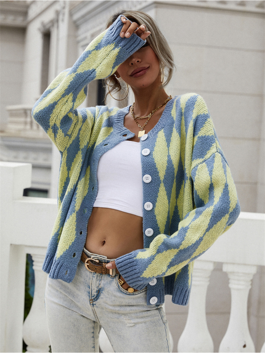 Calistally Doll | FELISE Chess Patterned Knit Cardigan - Blue
