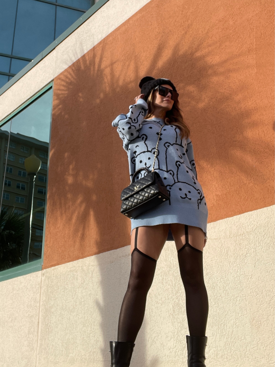 Calistally Doll | Blue Smiley Polar Bear Knit Sweater Dress