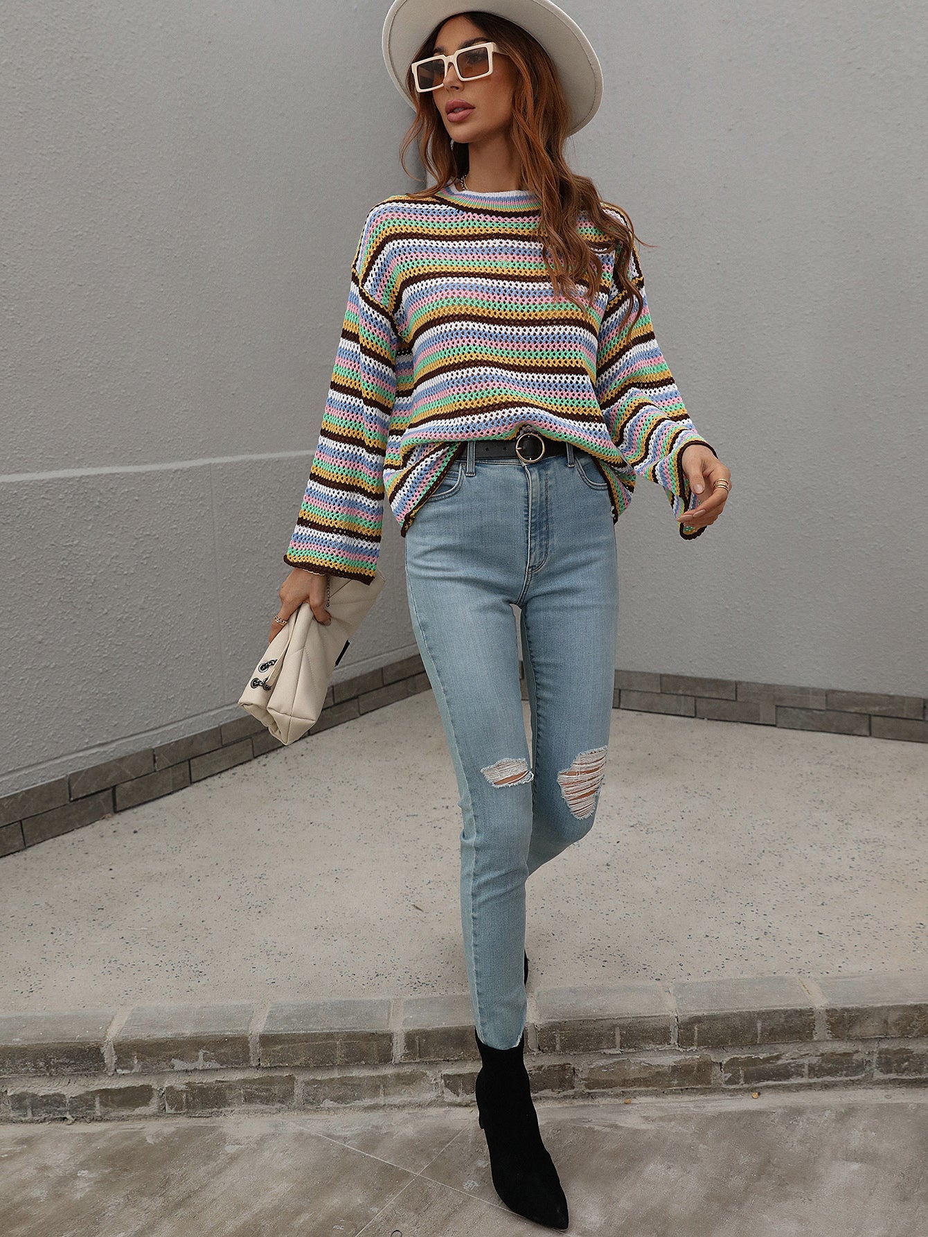 LALLIE KNIT TOP - BROWN STRIPE PRINT