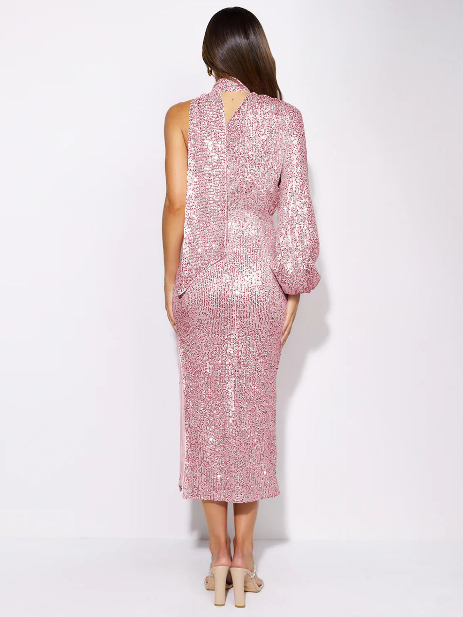 Layton Sequin One-Shoulder Midi Dress - Pink