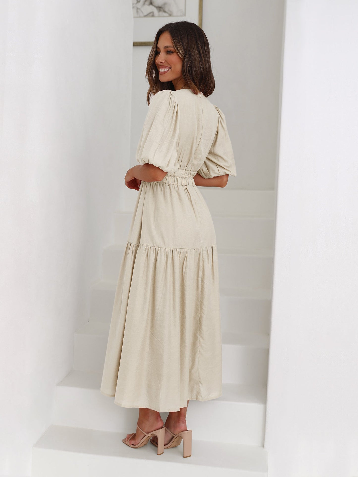 KIMONA SMOCKED SHORT SLEEVE MAXI DRESS - BEIGE