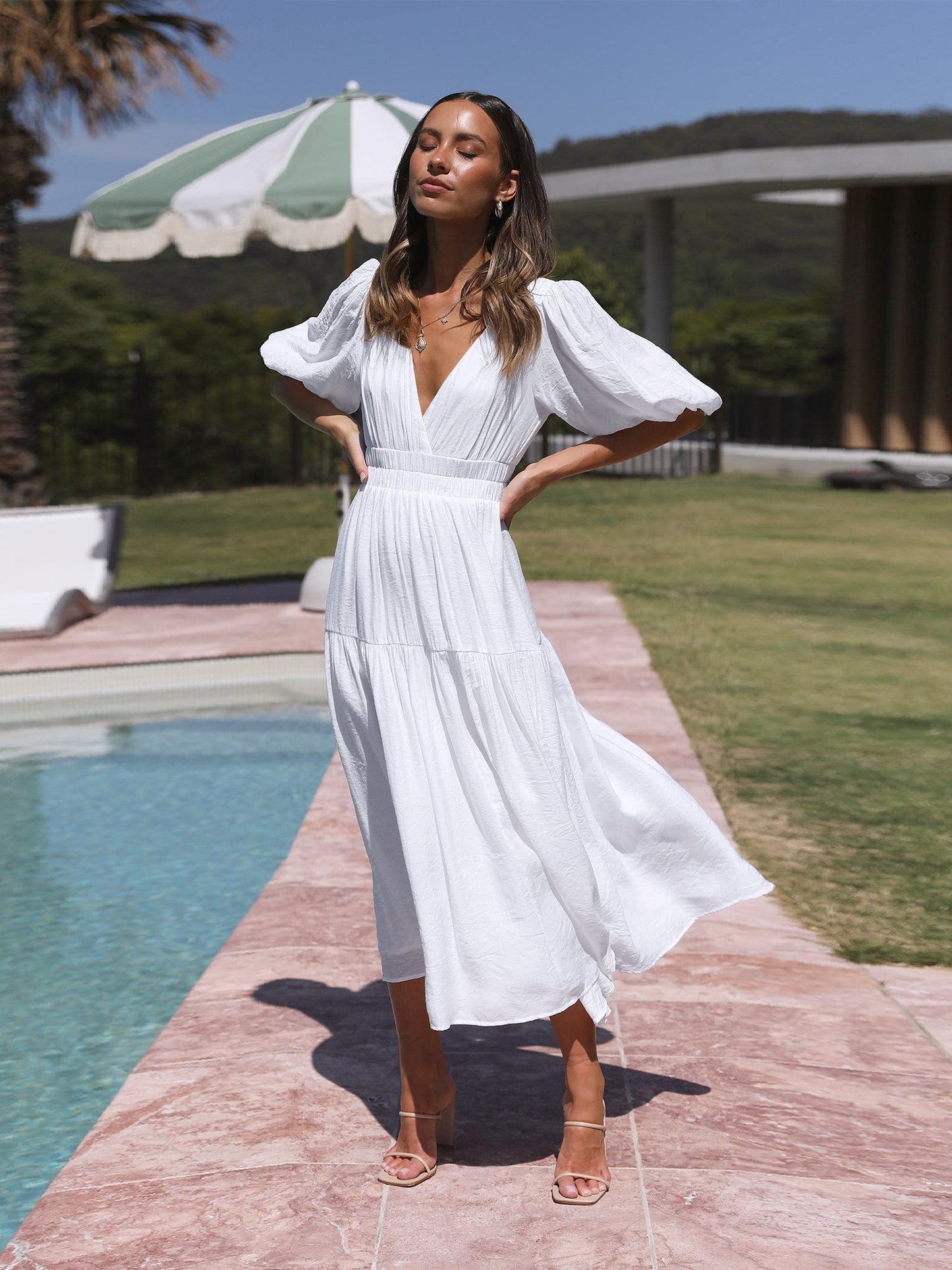 KIMONA SMOCKED SHORT SLEEVE MAXI DRESS - WHITE