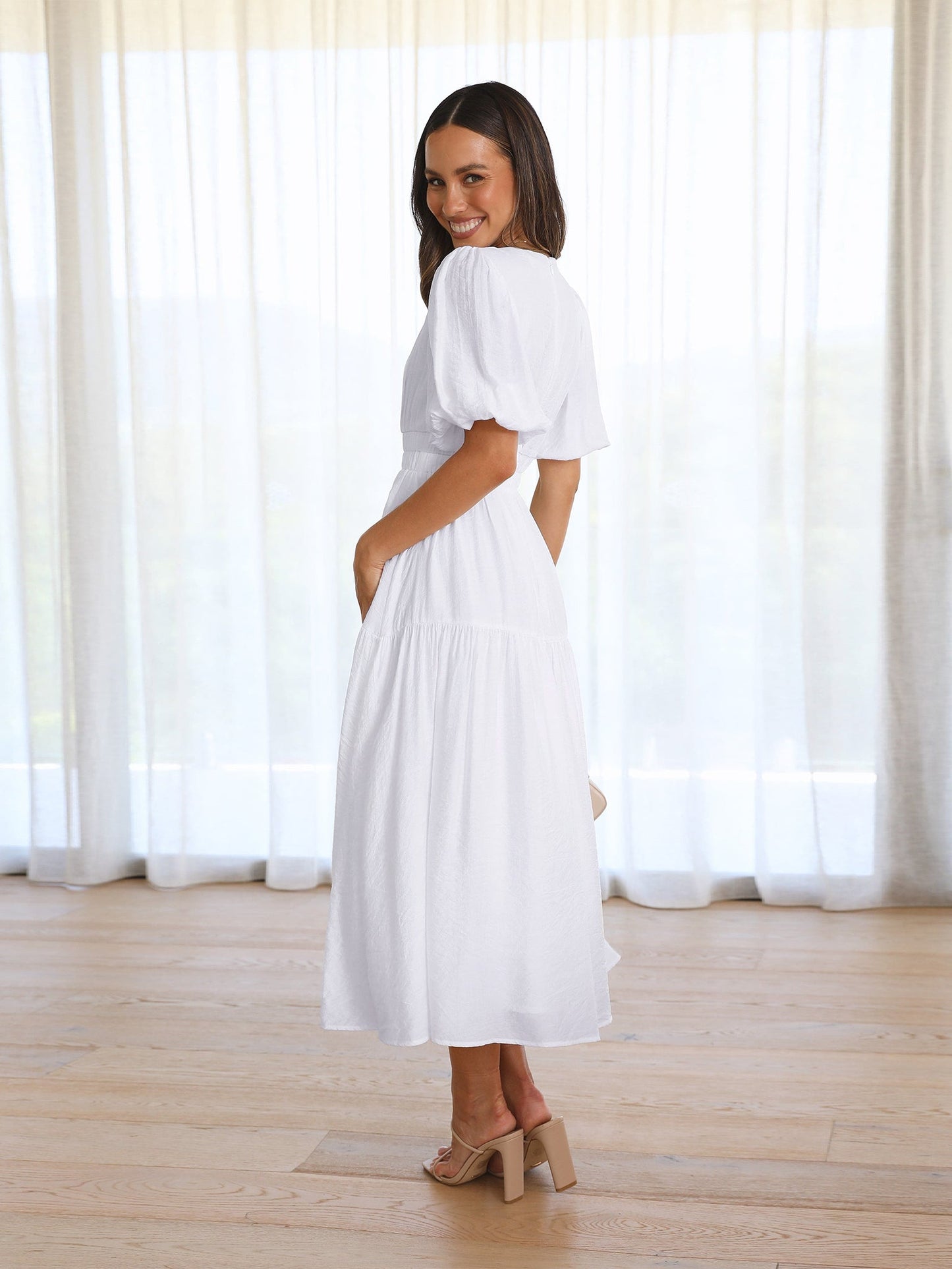 KIMONA SMOCKED SHORT SLEEVE MAXI DRESS - WHITE
