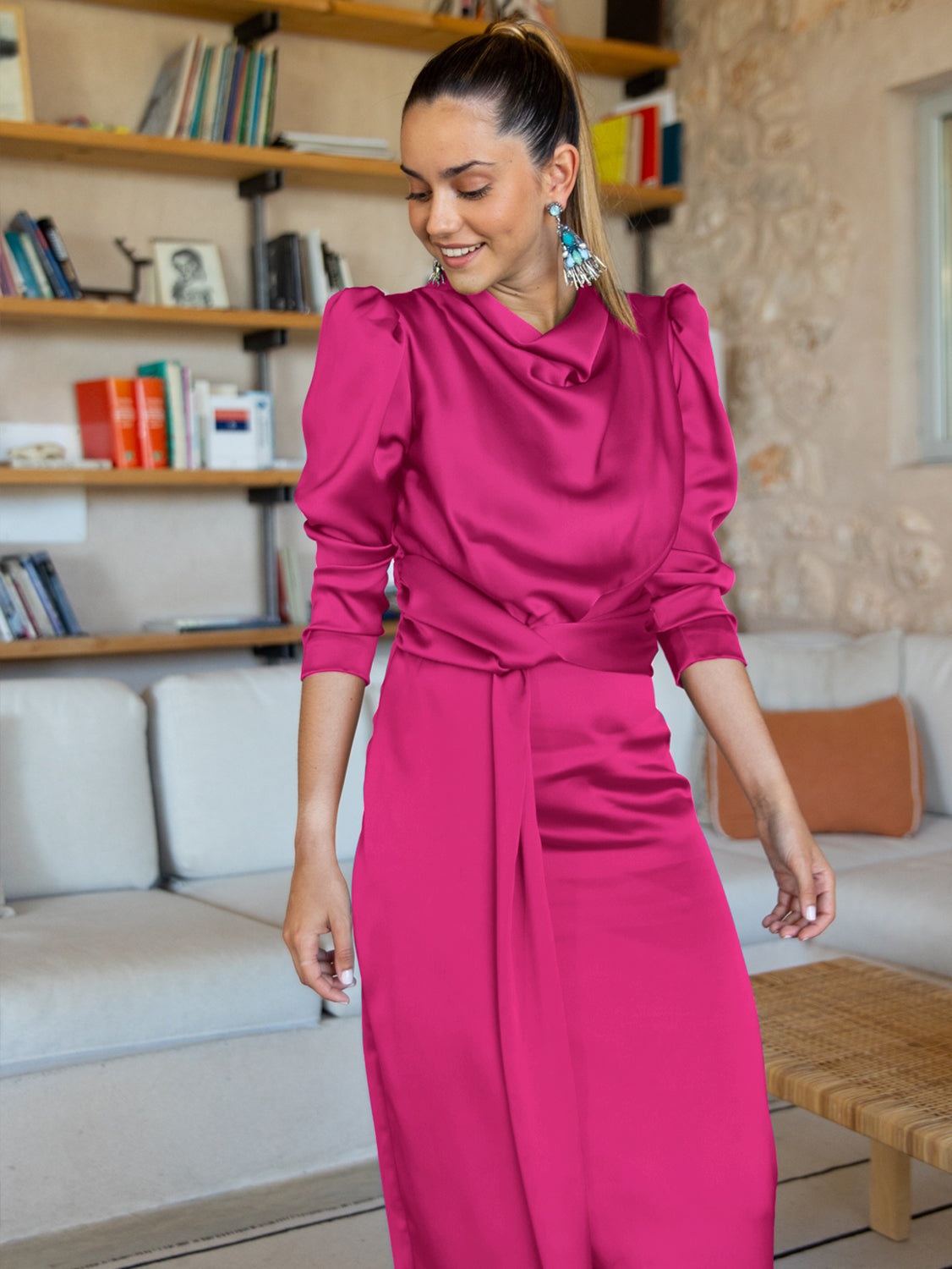 Ximena Satin Long Sleeve Midi Dress - Fuchsia