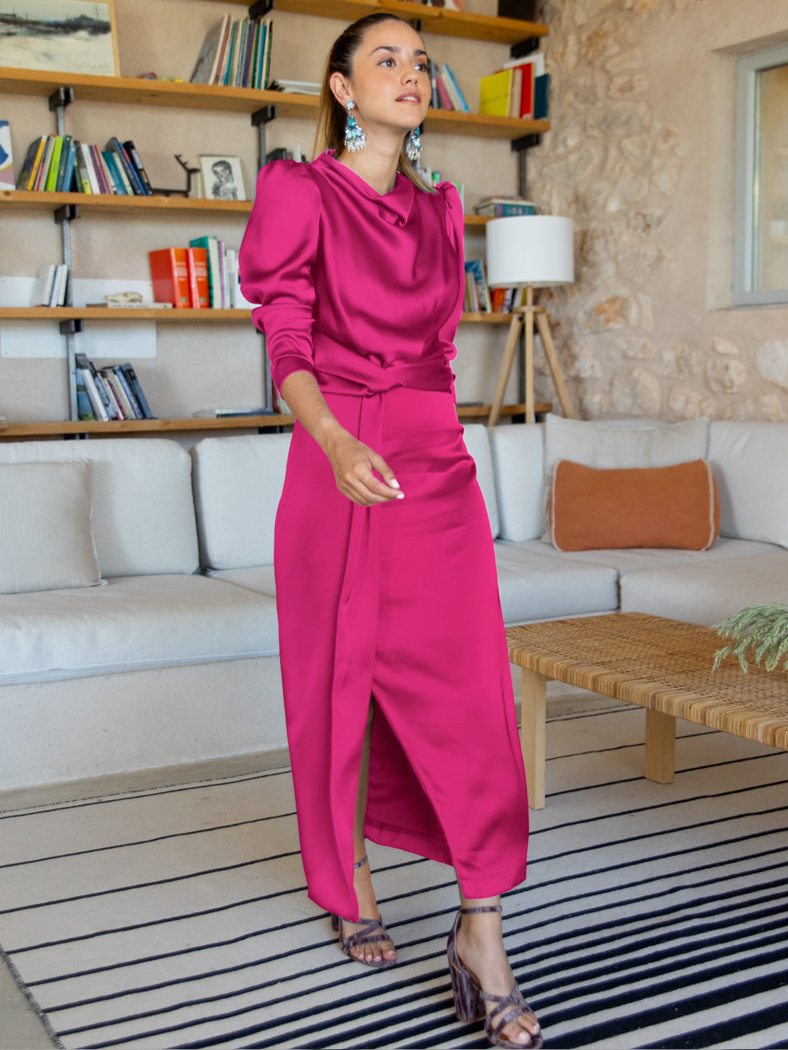 Ximena Satin Long Sleeve Midi Dress - Fuchsia