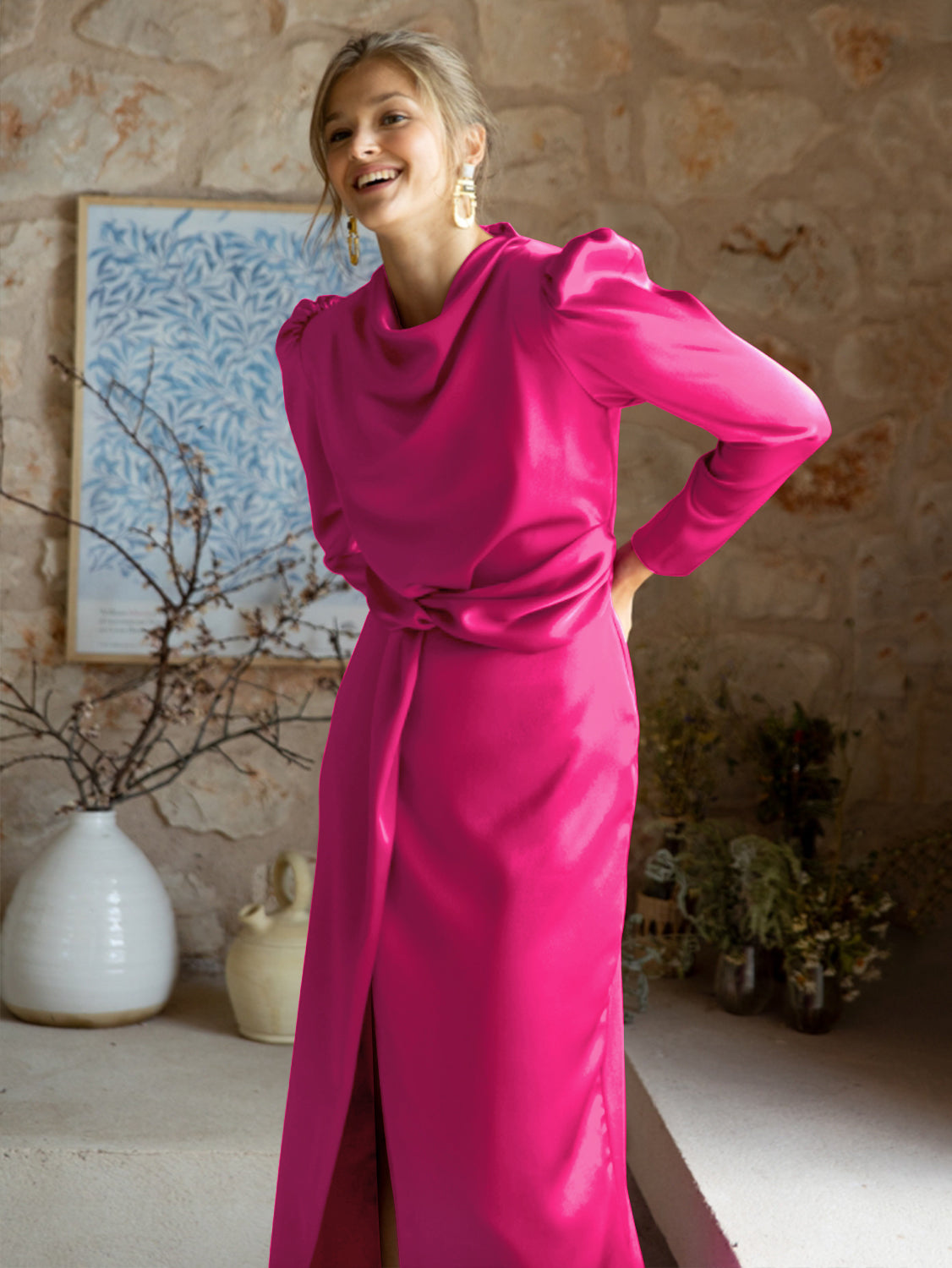 Ximena Satin Long Sleeve Midi Dress - Fuchsia
