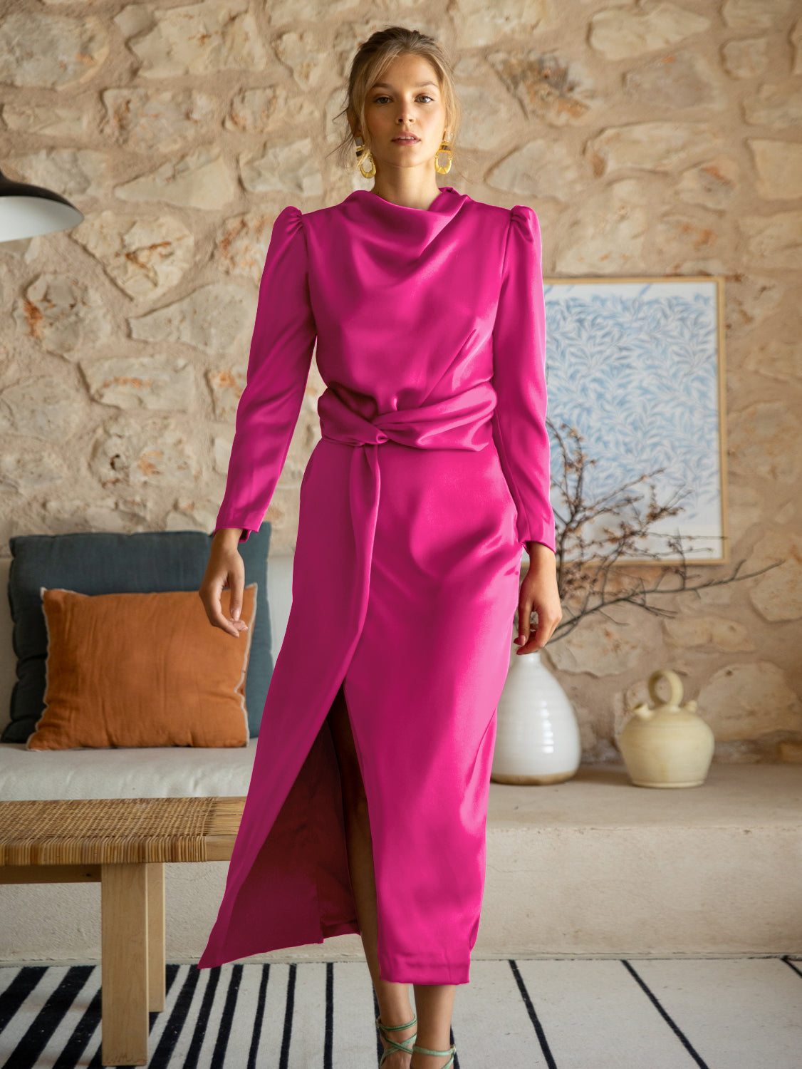 Ximena Satin Long Sleeve Midi Dress - Fuchsia