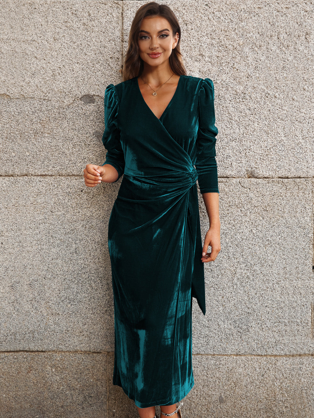 Florence Metallic Velvet Tie Waist Midi Dress - Emerald