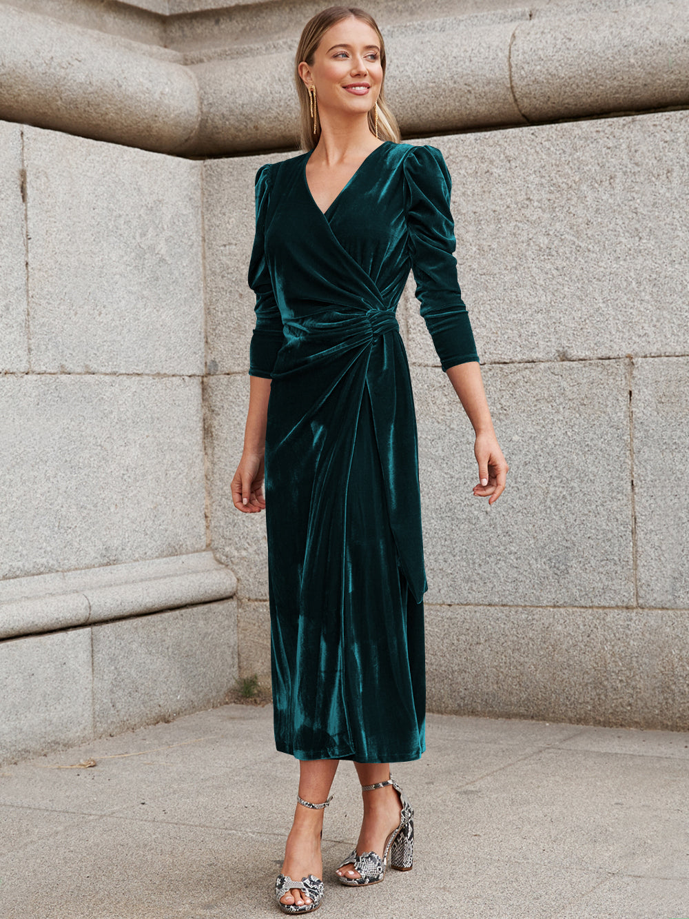 Florence Metallic Velvet Tie Waist Midi Dress - Emerald