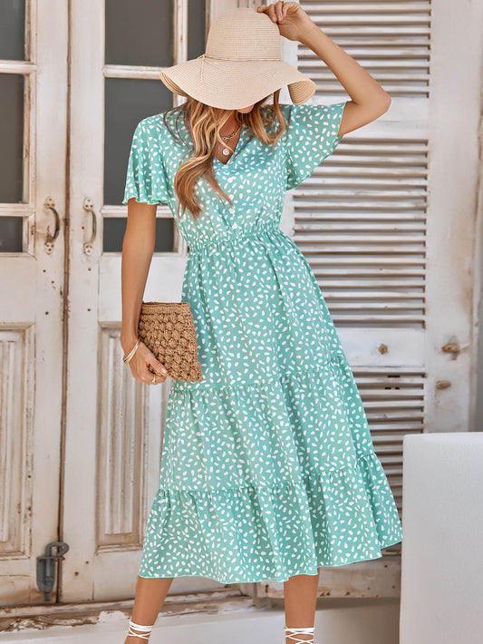 CHARLIE SHORT SLEEVE SPOT MIDI DRESS - GREEN
