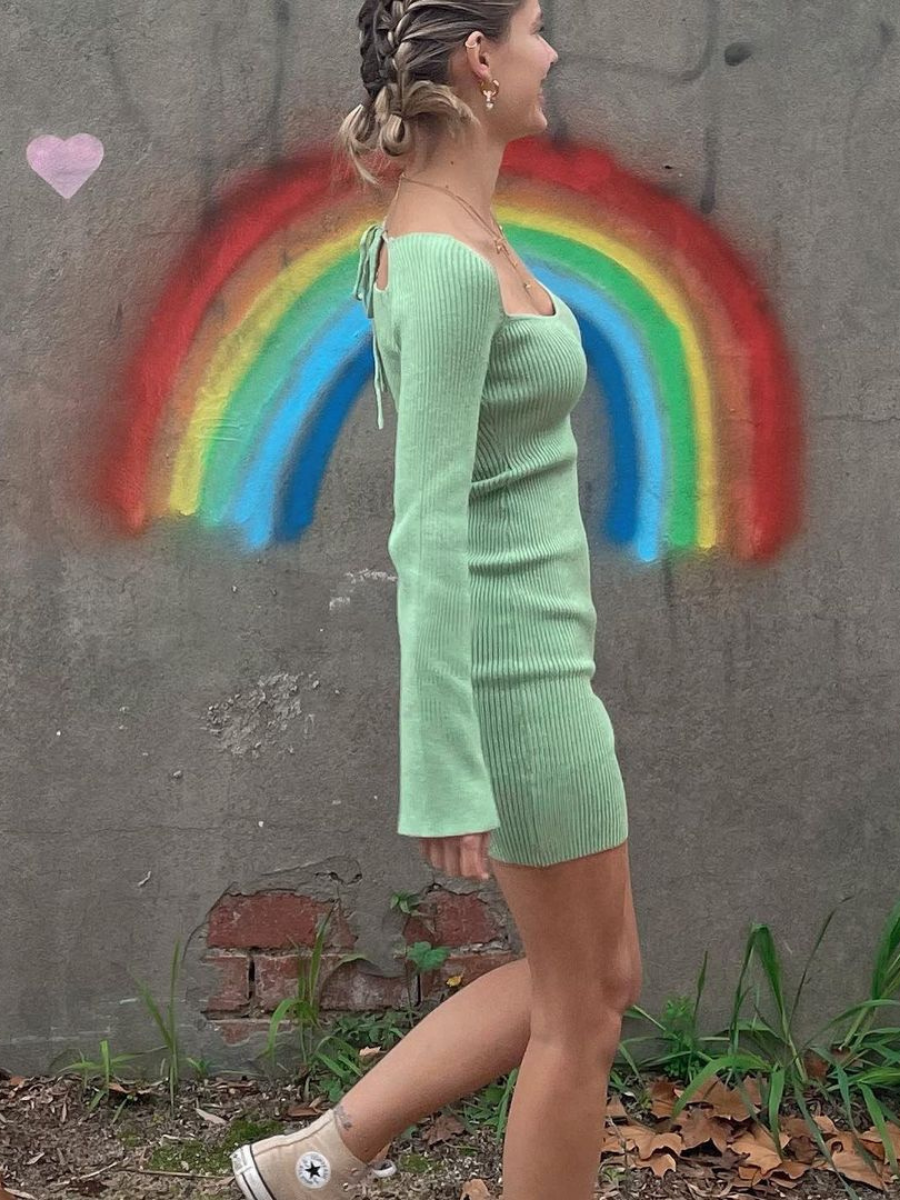 Calistally Doll | Low Neck Tie Open Back Knit Dress - Mint
