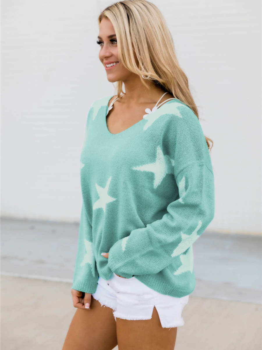 Calistally | Star Gal Low V Neck Knit Jumper - Green