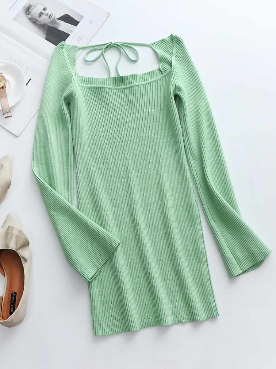 Calistally Doll | Low Neck Tie Open Back Knit Dress - Mint