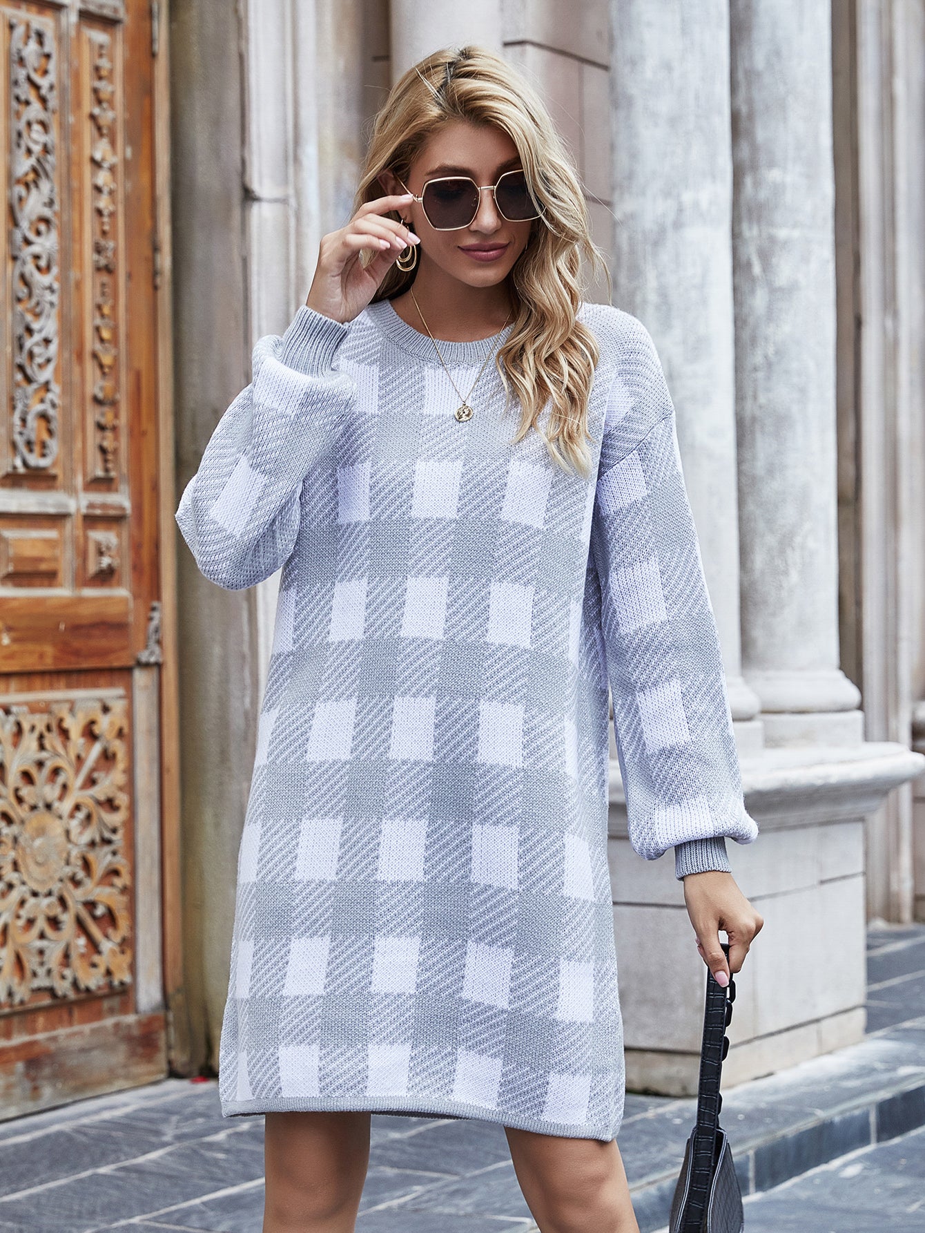 Calistally | KAITLYN Plaid Knit Dress - Grey