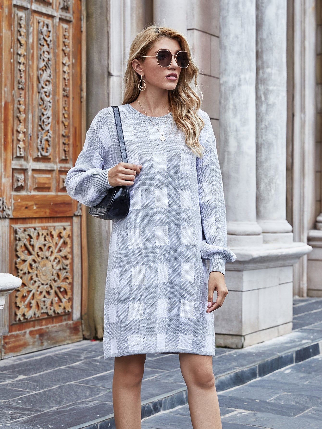 Calistally | KAITLYN Plaid Knit Dress - Grey