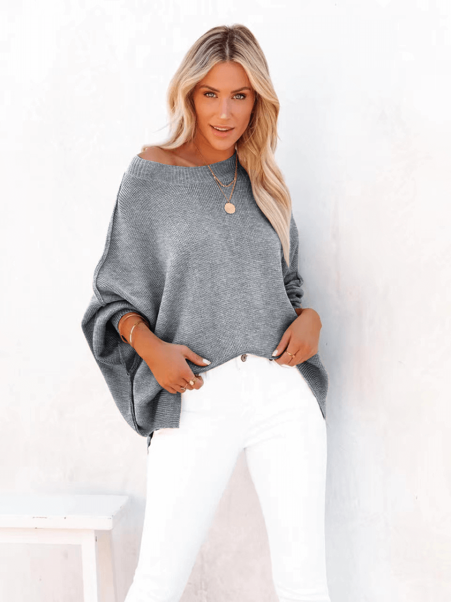 OVERSIZED BATWING SLEEVE KNIT SWEATER - GREY